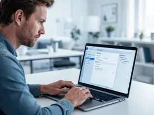 Mężczyzna pracujący przy laptopie na minimalistycznym biurku w jasnym, nowoczesnym domowym biurze.