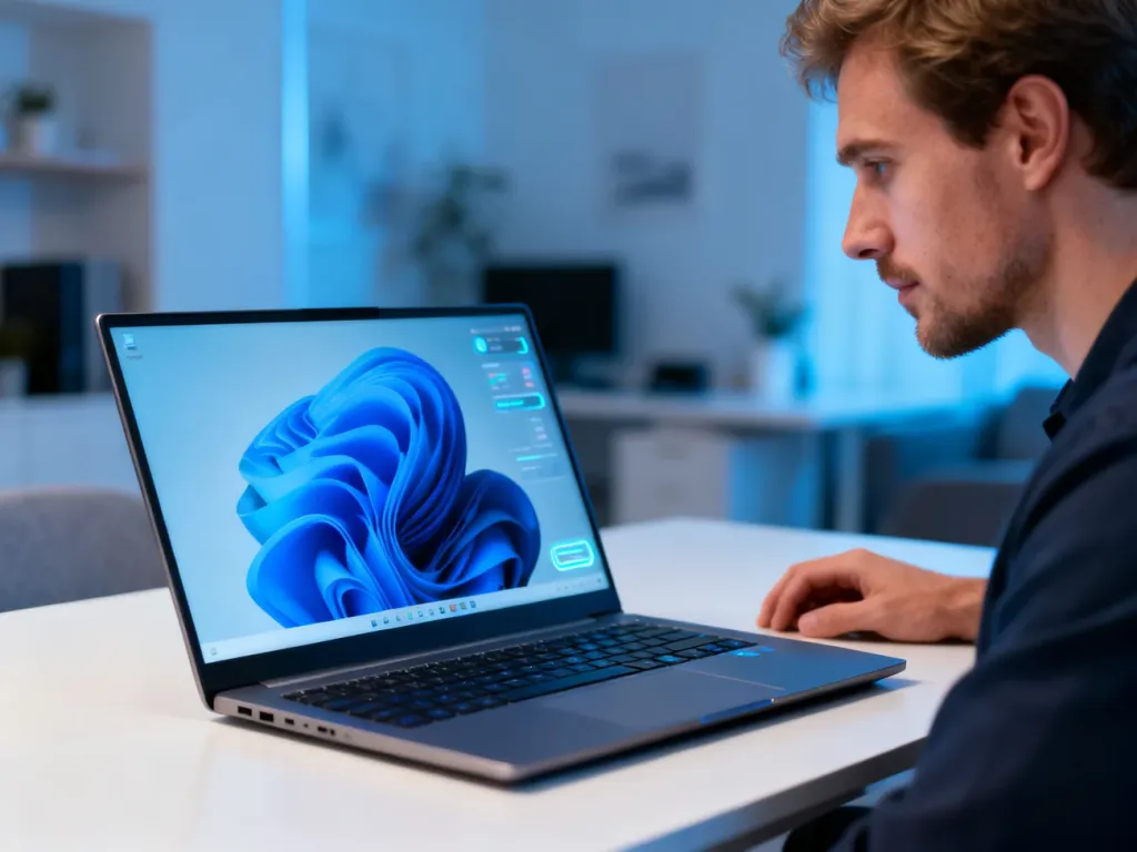Mężczyzna przy nowoczesnym laptopie z interfejsem nowego systemu operacyjnego w domowym biurze.