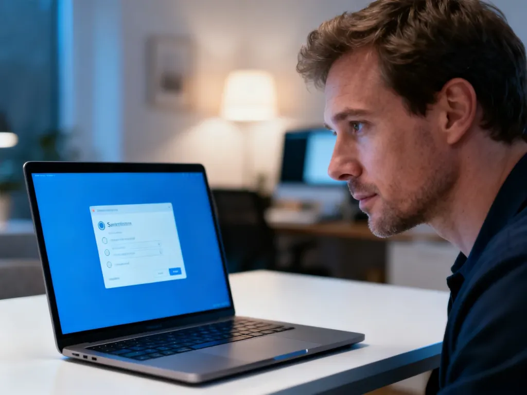 Mężczyzna skupiony na pracy przy laptopie z otwartymi ustawieniami systemu Windows 11 w nowoczesnym biurze.