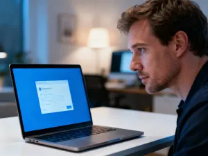 Mężczyzna skupiony na pracy przy laptopie w nowoczesnym biurze domowym, symbolizujący zarządzanie ustawieniami systemu.