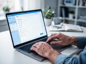 Mężczyzna pracujący przy laptopie z wieloma otwartymi oknami na ekranie, co ilustruje efektywne wykorzystanie pulpitów.
