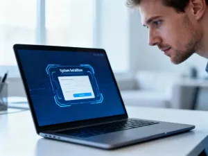 Mężczyzna przy nowoczesnym laptopie z interfejsem nowego systemu operacyjnego w domowym biurze.