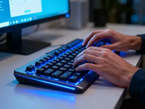 Osoba korzystająca z ustawień systemowych na nowoczesnym laptopie w minimalistycznym biurze.