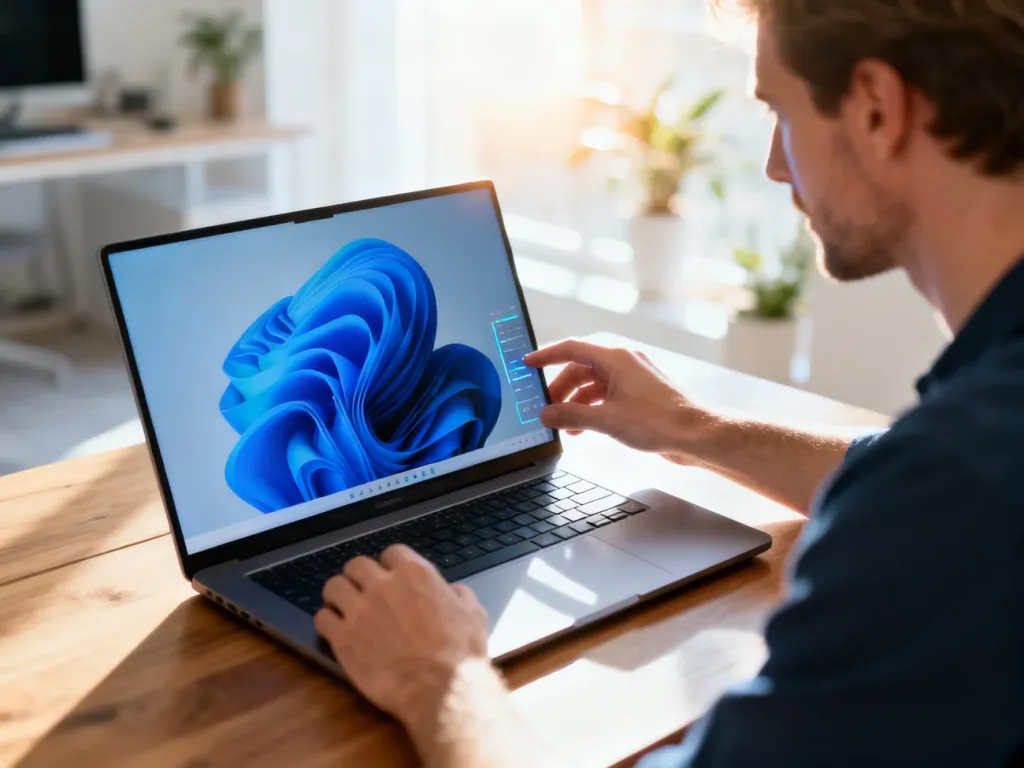 Mężczyzna przy biurku dostosowuje ustawienia tapety na ekranie laptopa w jasnym, nowoczesnym domowym biurze.