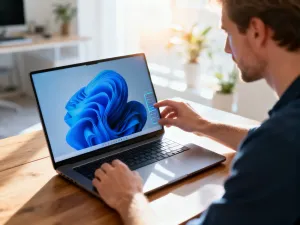 Dłoń użytkownika korzystająca z myszki przy monitorze z przezroczystym paskiem zadań w systemie Windows 11.