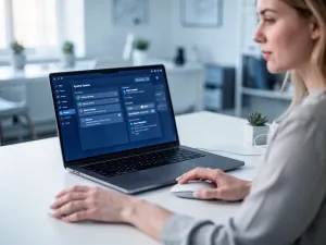 Nowoczesny laptop na biurku z podświetloną ikoną zasilania na ekranie, symbolizującą ustawienia hibernacji systemu Windows 11.
