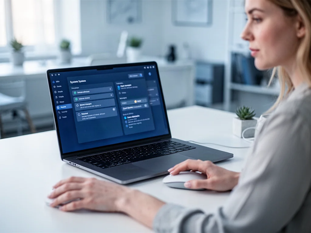 Osoba korzystająca z ustawień systemowych na nowoczesnym laptopie w minimalistycznym biurze.