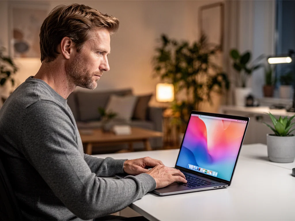 Mężczyzna pracujący przy nowoczesnym laptopie z czytelnym pulpitem w przytulnym domowym biurze.