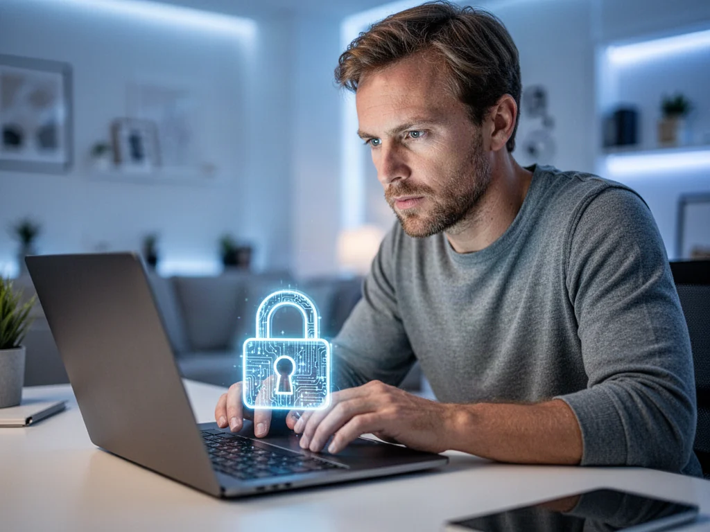 Mężczyzna pracujący przy laptopie z hologramem kłódki, symbolizujący zabezpieczanie folderów hasłem w systemie Windows 11.