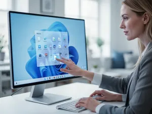 Mężczyzna pracujący przy laptopie z wieloma otwartymi oknami na ekranie, co ilustruje efektywne wykorzystanie pulpitów.