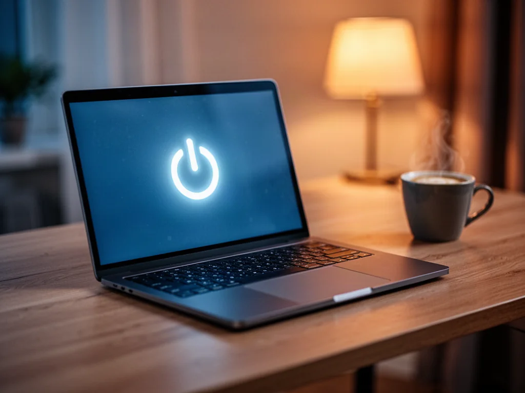 Nowoczesny laptop na biurku z podświetloną ikoną zasilania na ekranie, symbolizującą ustawienia hibernacji systemu Windows 11.