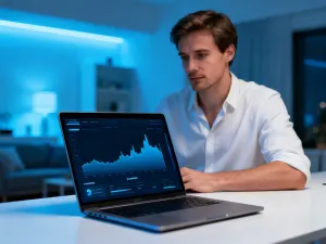 Nowoczesny laptop z systemem Windows na drewnianym biurku w jasnym, minimalistycznym biurze.