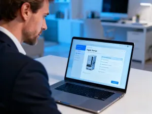 Mężczyzna instaluje system Windows 11 na starszym komputerze stacjonarnym w przytulnym domowym biurze.