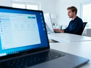 Mężczyzna skupiony na pracy przy nowoczesnym laptopie w minimalistycznym biurze domowym.