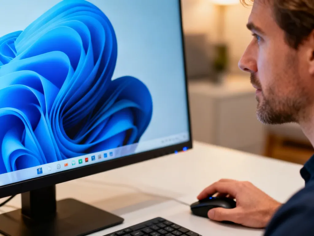 Dłoń użytkownika korzystająca z myszki przy monitorze z przezroczystym paskiem zadań w systemie Windows 11.