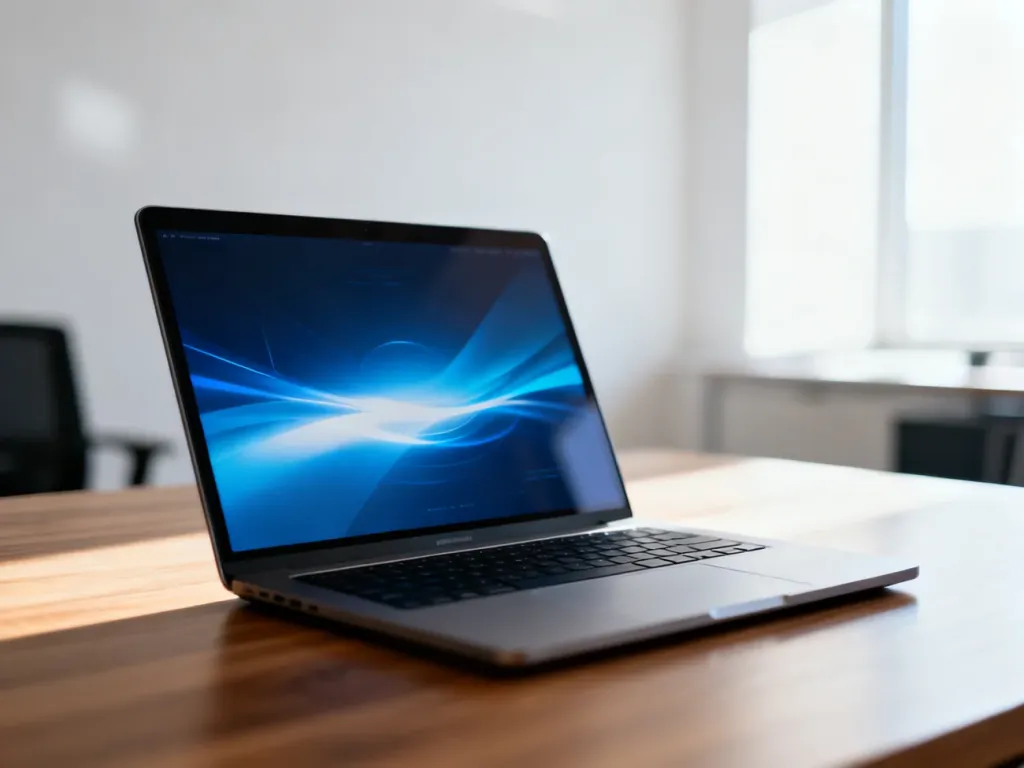 Nowoczesny laptop z systemem Windows na drewnianym biurku w jasnym, minimalistycznym biurze.