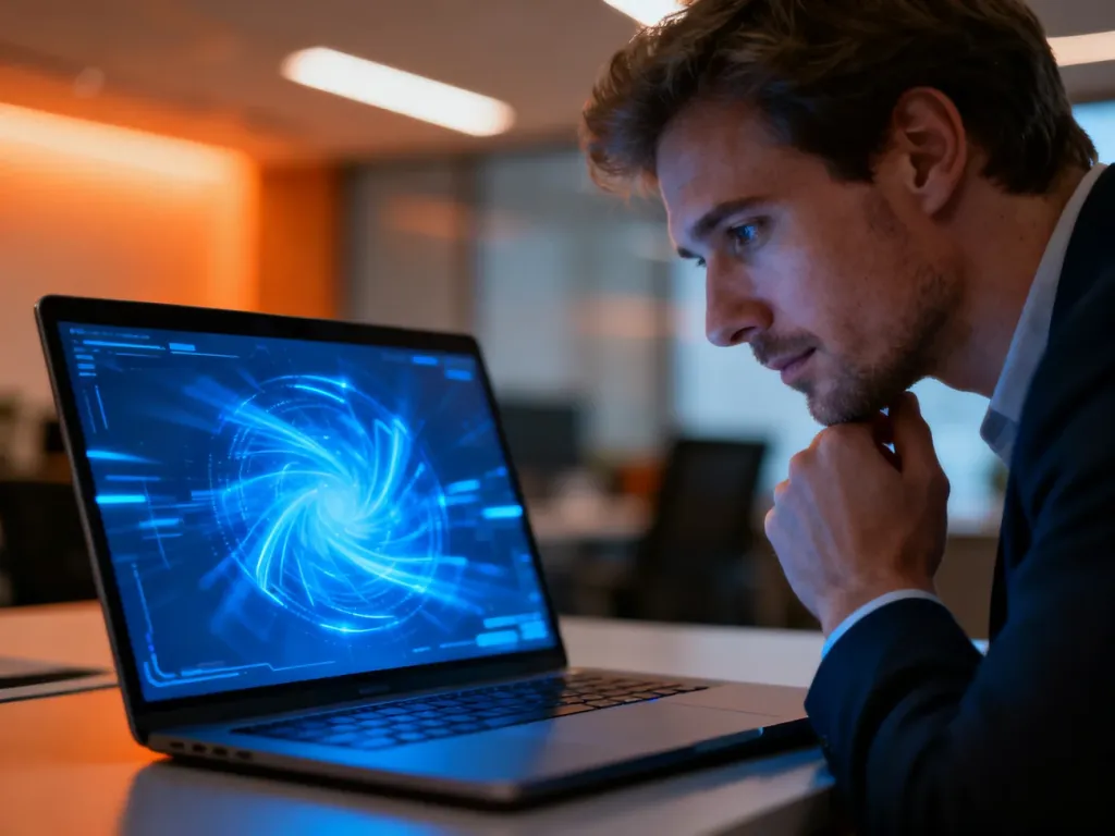 Mężczyzna z uwagą patrzy na ekran nowoczesnego laptopa z niebieskim interfejsem, sprawdzając kompatybilność sprzętu.