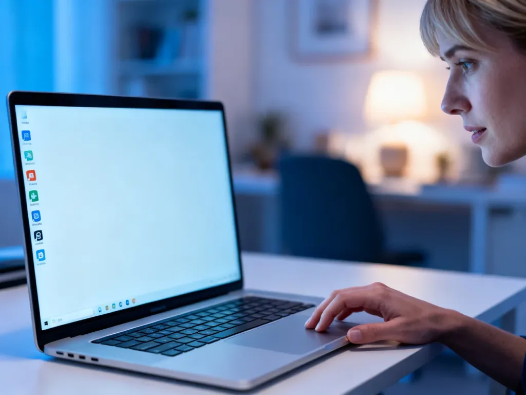 Kobieta korzystająca z laptopa z ikonami na pasku zadań wyrównanymi do lewej strony ekranu.