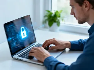 Dłonie piszące na nowoczesnej klawiaturze mechanicznej z niebieskim podświetleniem w minimalistycznym biurze.