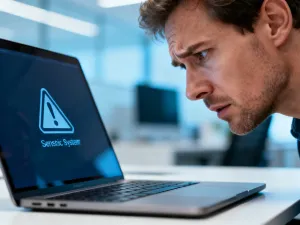Mężczyzna skupiony na pracy przy laptopie z otwartymi ustawieniami systemu Windows 11 w nowoczesnym biurze.