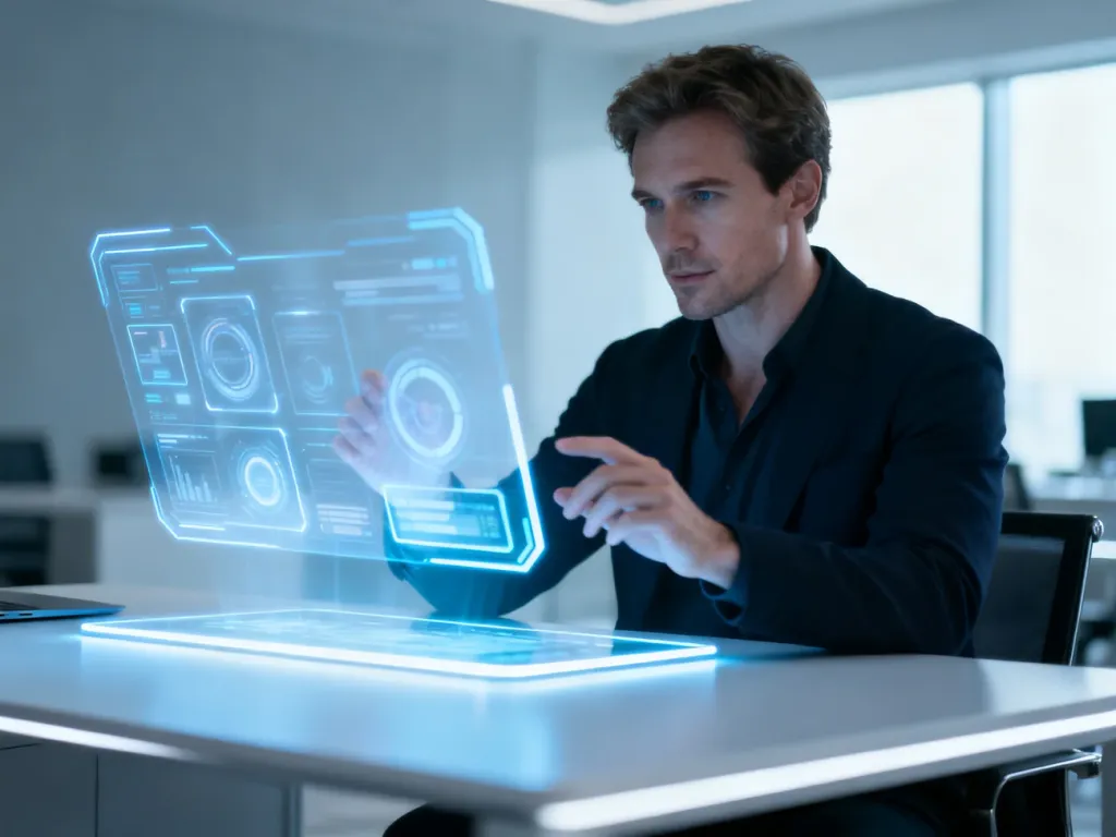 Mężczyzna obsługujący futurystyczny, holograficzny interfejs na minimalistycznym biurku, symbolizujący nowoczesne technologie Windows 12.