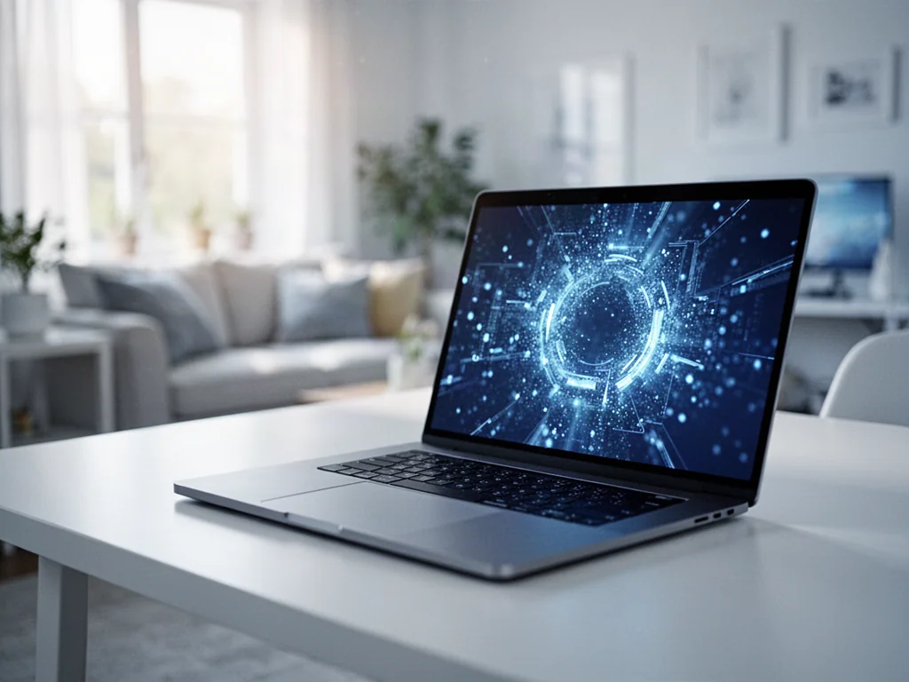 Nowoczesny laptop z futurystycznym interfejsem na biurku, ilustrujący wydajność i wymagania systemu Windows 11.
