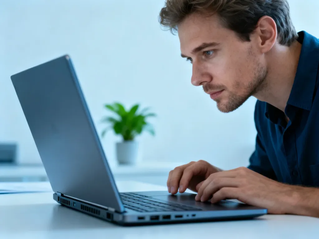 Mężczyzna skupiony na pracy przy nowoczesnym laptopie w minimalistycznym biurze domowym.