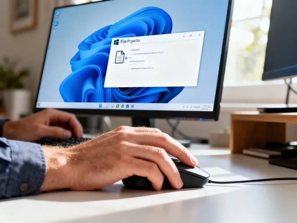 Dłonie użytkownika klikające ikonę pliku w systemie Windows 11 w celu zmiany jego właściwości.