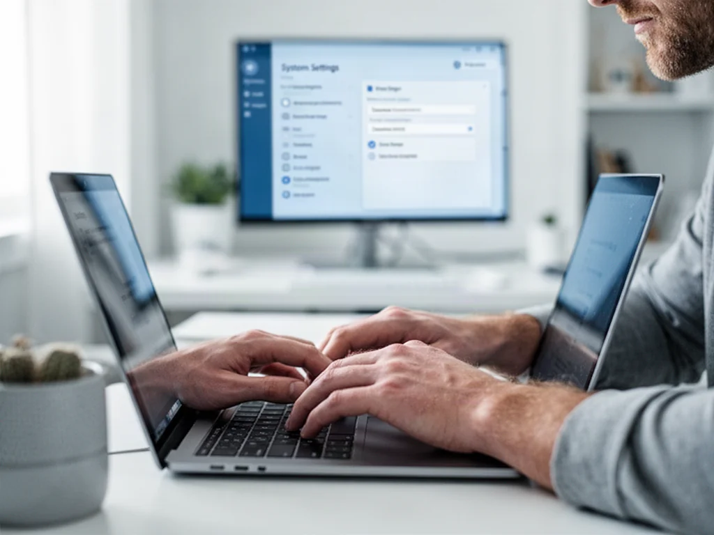 Dłonie mężczyzny piszące na klawiaturze laptopa w nowoczesnym biurze, z widocznym w tle interfejsem ustawień systemu Windows.